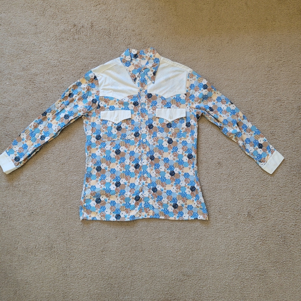 Vintage 70s Homemade Western Shirt Small Brown Blue White Patchwork Check Small